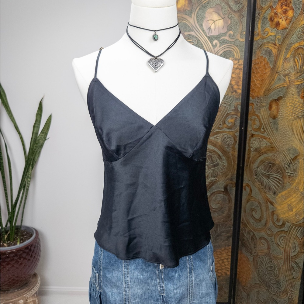 Black Satin Cami Top Open Back Tie‎ Victoria's Secret Y2K Evening Tank Medium